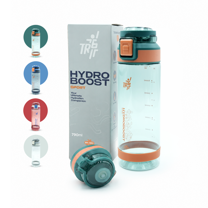 TR6 Hydra Boost Sport Clear Gym Bottle Leak Proof BPA Free Flip Lock Lid Carry Holder Lightweight for Gym Office Travel Hydration Tracker with Markings 790ml 790 ml