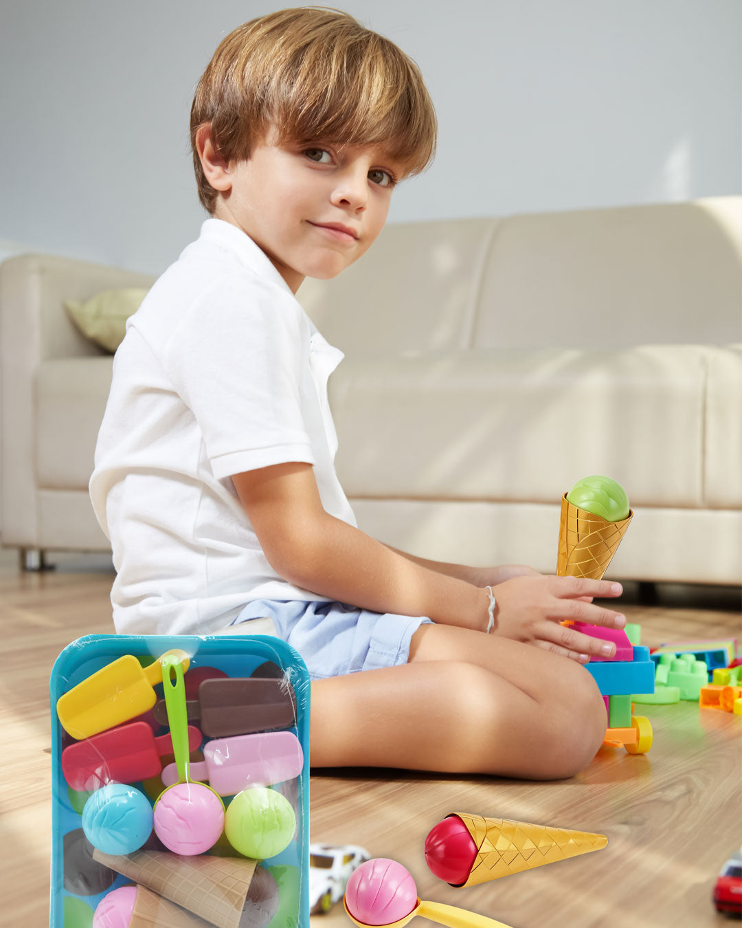 Playtive Ice Cream Play Set for Kids | 14-Piece Toy Set for Creative Role Play | Colorful Pretend Ice Cream Cones, Popsicles, Scoops & Utensils | Safe BPA-Free Plastic | Ideal Gift for Toddlers Ages 2+ | TÜV & GS Certified | Early Learning Toy