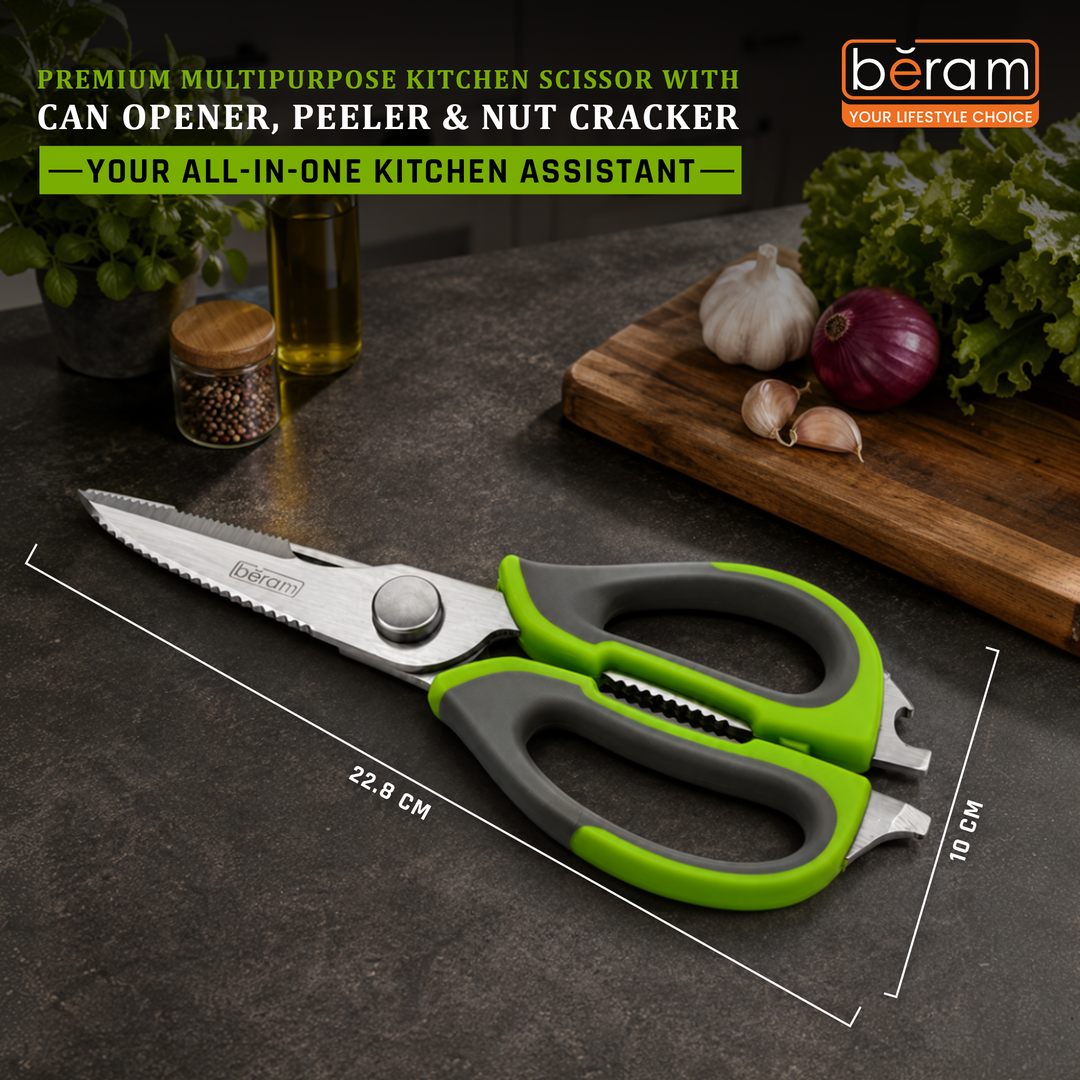 BERAM 9 Inch Multipurpose Kitchen Tool with Nutcracker Can Opener and Peeler Heavy Duty Sharp 2CR13 Stainless Steel Blade Green Ergonomic Non Slip Handle Tool for Home Office and Kitchen Use
