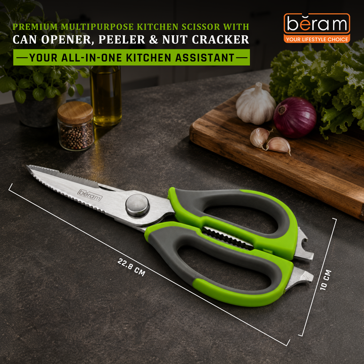 BERAM 9 Inch Multipurpose Kitchen Tool with Nutcracker Can Opener and Peeler Heavy Duty Sharp 2CR13 Stainless Steel Blade Green Ergonomic Non Slip Handle Tool for Home Office and Kitchen Use