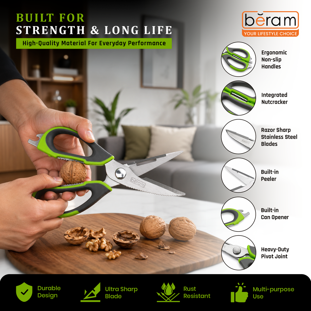 BERAM 9 Inch Multipurpose Kitchen Tool with Nutcracker Can Opener and Peeler Heavy Duty Sharp 2CR13 Stainless Steel Blade Green Ergonomic Non Slip Handle Tool for Home Office and Kitchen Use