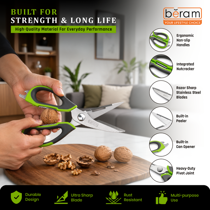 BERAM 9 Inch Multipurpose Kitchen Tool with Nutcracker Can Opener and Peeler Heavy Duty Sharp 2CR13 Stainless Steel Blade Green Ergonomic Non Slip Handle Tool for Home Office and Kitchen Use