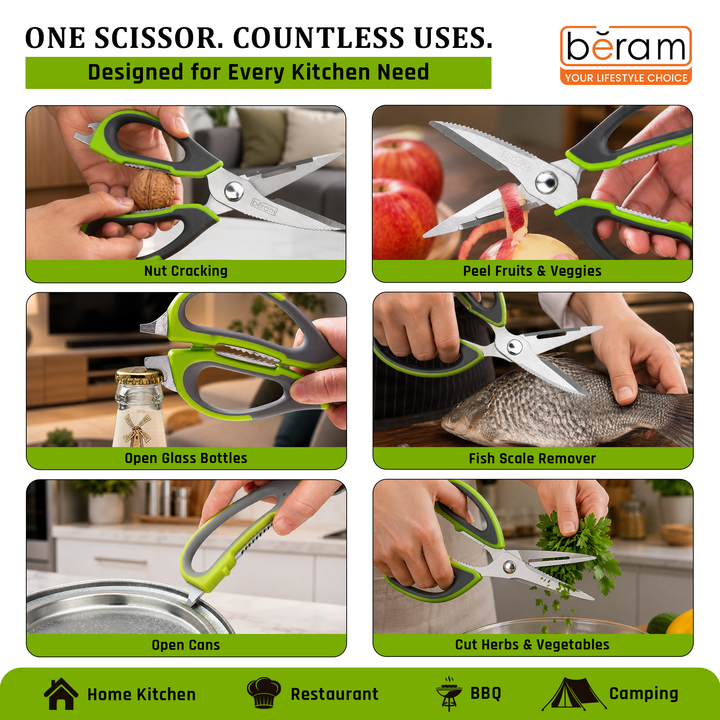 BERAM 9 Inch Multipurpose Kitchen Tool with Nutcracker Can Opener and Peeler Heavy Duty Sharp 2CR13 Stainless Steel Blade Green Ergonomic Non Slip Handle Tool for Home Office and Kitchen Use