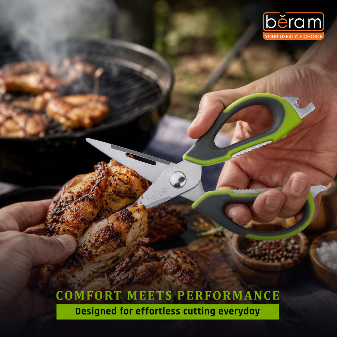 BERAM 9 Inch Multipurpose Kitchen Tool with Nutcracker Can Opener and Peeler Heavy Duty Sharp 2CR13 Stainless Steel Blade Green Ergonomic Non Slip Handle Tool for Home Office and Kitchen Use