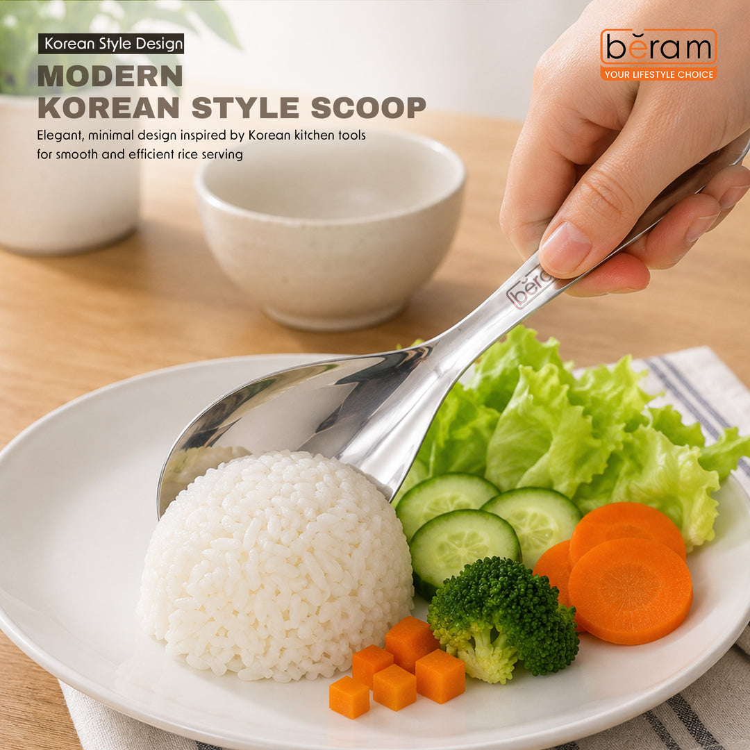 BERAM Stainless Steel Rice Scoop, Traditional Korean Cooking Utensil, Kitchen Tool, 100% Food Grade, Non-Stick, Compact, Lightweight, Elegant Design, Silver