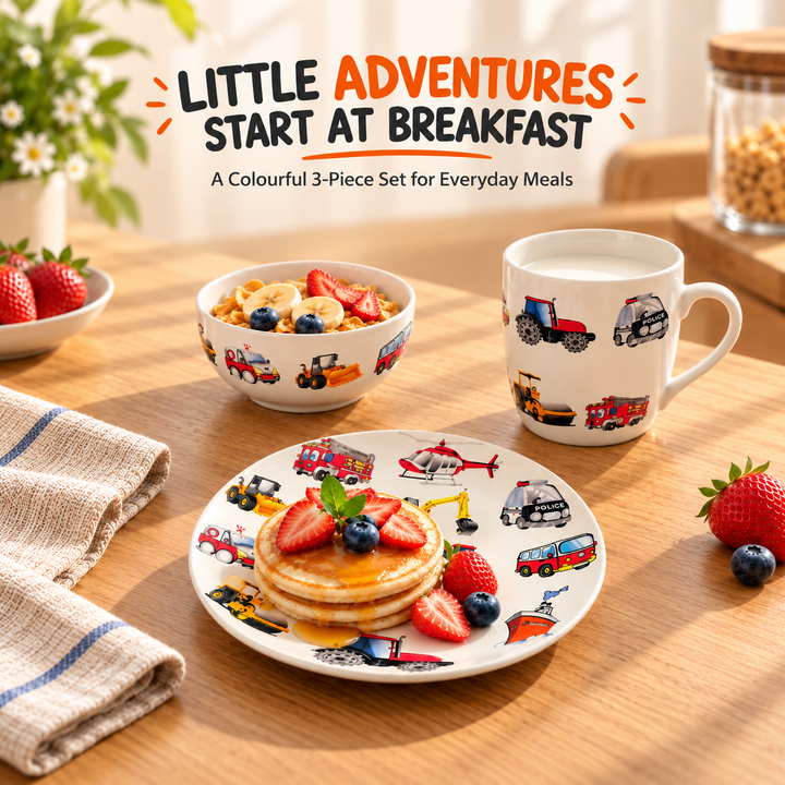 3 Piece Ceramic Dinnerware Set with Plate, Bowl & Mug, Colourful Ocean Sea Life Design, Fish, Turtle, Crab & Starfish Pattern, Breakfast Dining Set for Everyday Meals, Snacks, Cereal & Drinks