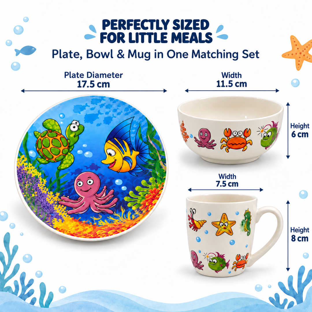 3 Piece Ceramic Dinnerware Set with Plate, Bowl & Mug, Colourful Ocean Sea Life Design, Fish, Turtle, Crab & Starfish Pattern, Breakfast Dining Set for Everyday Meals, Snacks, Cereal & Drinks