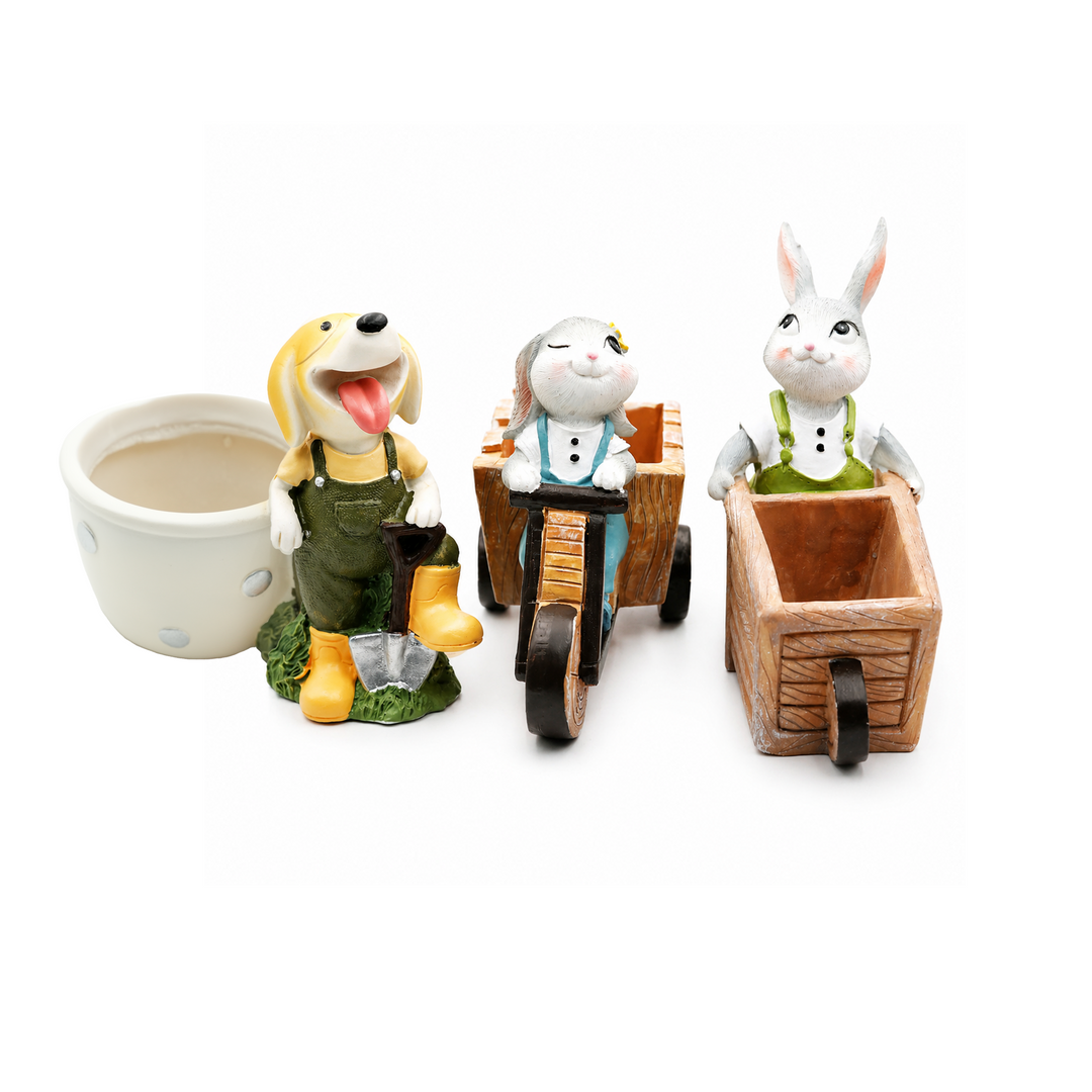 Little Gardener Set Rabbit Bunny Puppy Planter Polyresin Decorative Flower Pot Cute Animal Succulent Planter Cart Design Indoor Outdoor Garden Table Home Office Decor Propagator Kit Gift Set