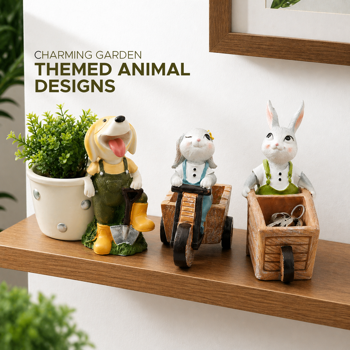 Little Gardener Set Rabbit Bunny Puppy Planter Polyresin Decorative Flower Pot Cute Animal Succulent Planter Cart Design Indoor Outdoor Garden Table Home Office Decor Propagator Kit Gift Set