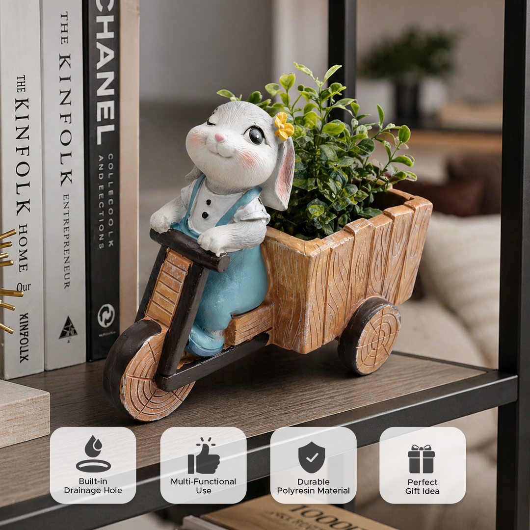 Little Gardener Set Rabbit Bunny Puppy Planter Polyresin Decorative Flower Pot Cute Animal Succulent Planter Cart Design Indoor Outdoor Garden Table Home Office Decor Propagator Kit Gift Set