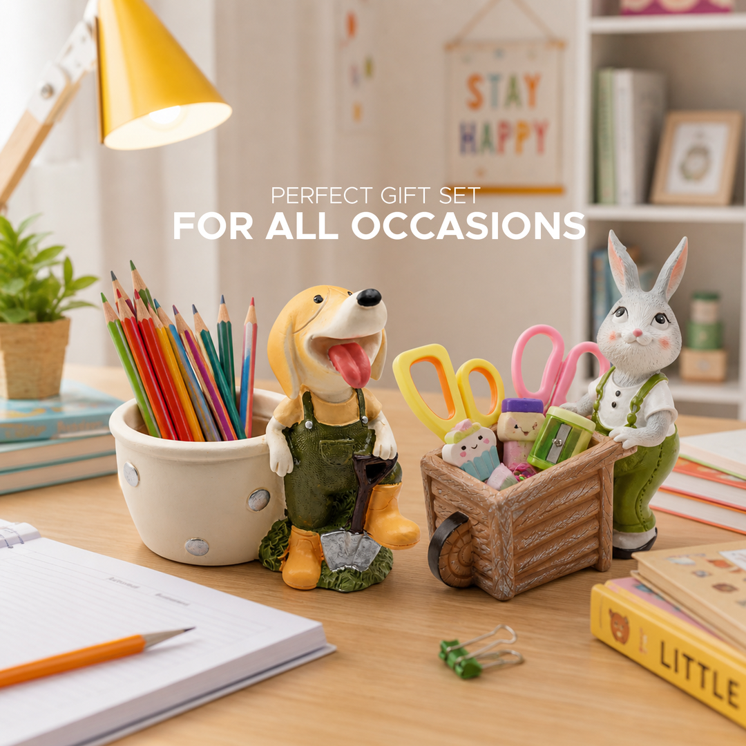 Little Gardener Set Rabbit Bunny Puppy Planter Polyresin Decorative Flower Pot Cute Animal Succulent Planter Cart Design Indoor Outdoor Garden Table Home Office Decor Propagator Kit Gift Set