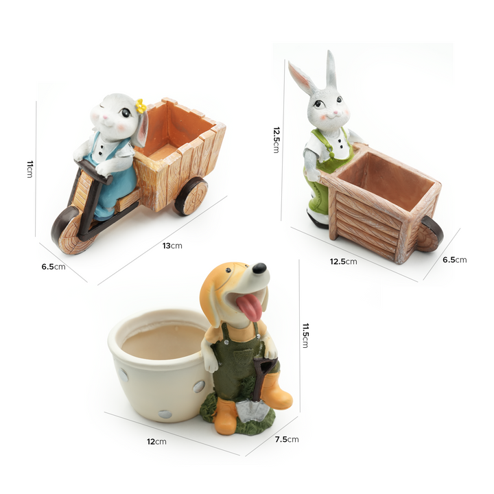 Little Gardener Set Rabbit Bunny Puppy Planter Polyresin Decorative Flower Pot Cute Animal Succulent Planter Cart Design Indoor Outdoor Garden Table Home Office Decor Propagator Kit Gift Set