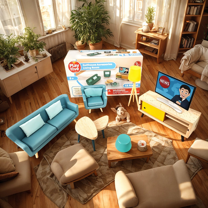 Playtive Doll’s House Furniture Living Room – 15-Piece Miniature Set for Kids Age 3+ with Real Wood & Durable Plastic – Includes Sofa, Armchairs, Coffee Table, TV & Accessories – Safe TÜV Certified Pretend Play Set for Dollhouse Role-Playing Fun