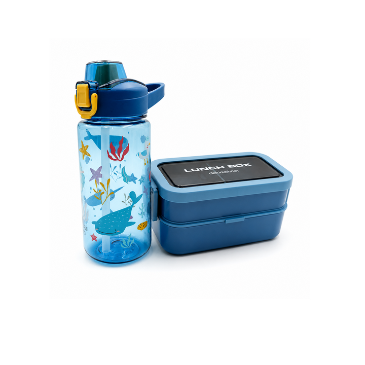 Beram Kids Lunch Combo Set 2 Layer Bento Lunch Box with Cutlery 1350ml Leakproof Tiffin Box and 600ml BPA Free Plastic Water Bottle for School Travel Office