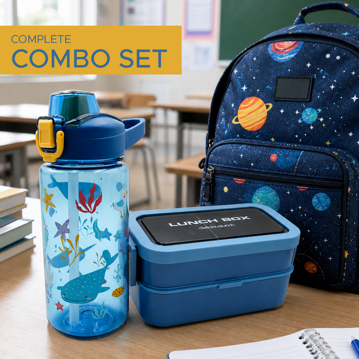 Beram Kids Lunch Combo Set 2 Layer Bento Lunch Box with Cutlery 1350ml Leakproof Tiffin Box and 600ml BPA Free Plastic Water Bottle for School Travel Office