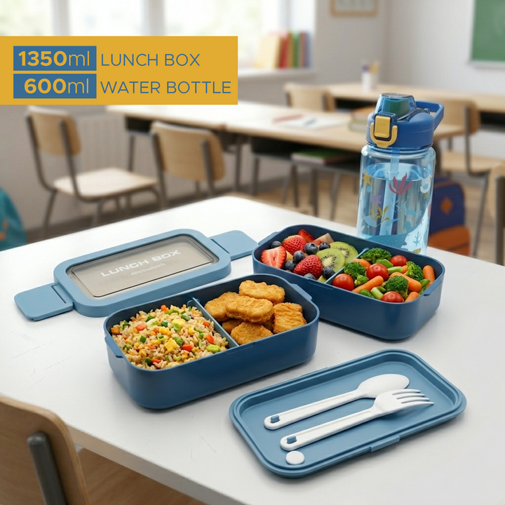 Beram Kids Lunch Combo Set 2 Layer Bento Lunch Box with Cutlery 1350ml Leakproof Tiffin Box and 600ml BPA Free Plastic Water Bottle for School Travel Office