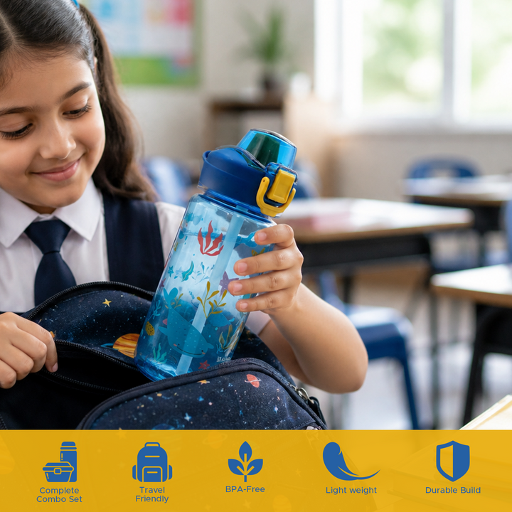 Beram Kids Lunch Combo Set 2 Layer Bento Lunch Box with Cutlery 1350ml Leakproof Tiffin Box and 600ml BPA Free Plastic Water Bottle for School Travel Office