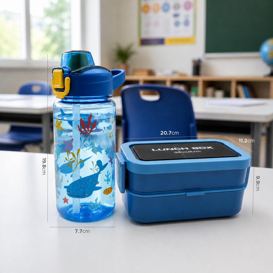 Beram Kids Lunch Combo Set 2 Layer Bento Lunch Box with Cutlery 1350ml Leakproof Tiffin Box and 600ml BPA Free Plastic Water Bottle for School Travel Office