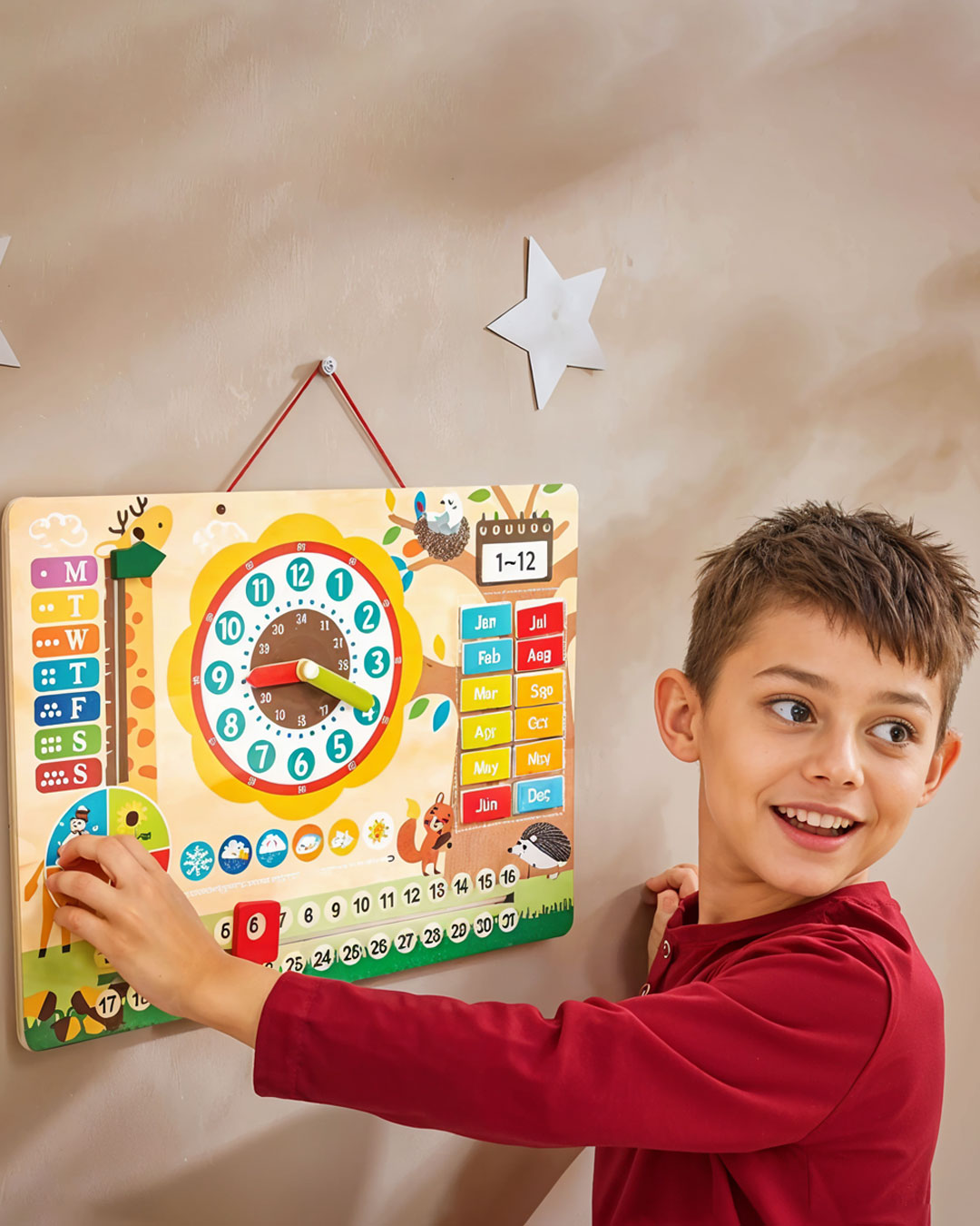 Paytive 14 pcs Magnetic Clock educational wooden calendar and clock learning board designed for children, multi-functional learning toy that helps kids understand and interact with concepts of time, date, days, months, weather, and seasons, Age 3+.
