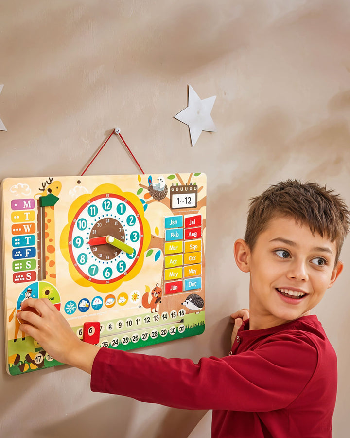 Paytive 14 pcs Magnetic Clock educational wooden calendar and clock learning board designed for children, multi-functional learning toy that helps kids understand and interact with concepts of time, date, days, months, weather, and seasons, Age 3+.