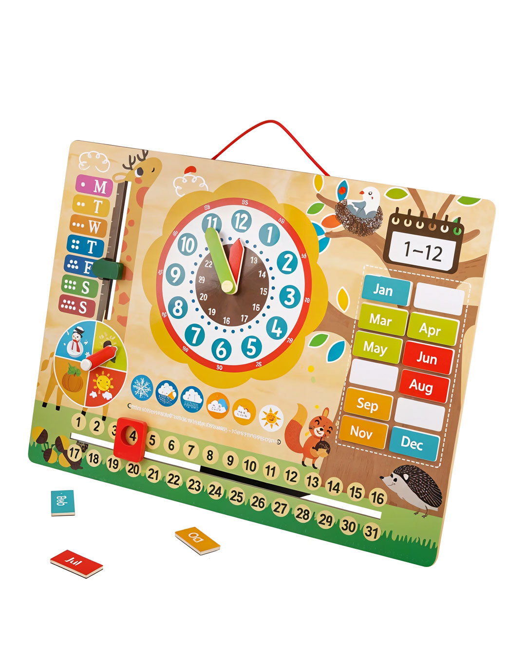 Paytive 14 pcs Magnetic Clock educational wooden calendar and clock learning board designed for children, multi-functional learning toy that helps kids understand and interact with concepts of time, date, days, months, weather, and seasons, Age 3+.