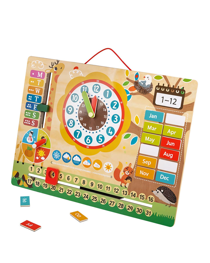 Paytive 14 pcs Magnetic Clock educational wooden calendar and clock learning board designed for children, multi-functional learning toy that helps kids understand and interact with concepts of time, date, days, months, weather, and seasons, Age 3+.