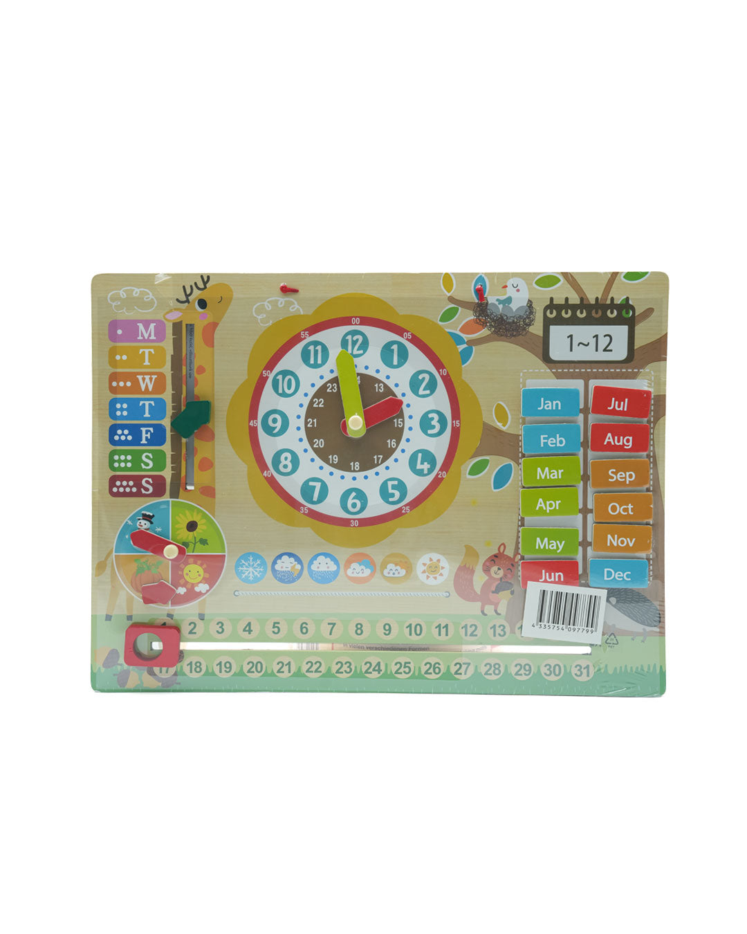 Paytive 14 pcs Magnetic Clock educational wooden calendar and clock learning board designed for children, multi-functional learning toy that helps kids understand and interact with concepts of time, date, days, months, weather, and seasons, Age 3+.