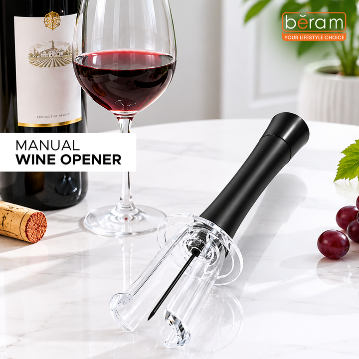 BERAM Manual Wine Opener Set – Stainless Steel Corkscrew with Safe Pumping Technology, Microneedle Cork Removal & Ergonomic Grip, Non-Electric Wine Bottle Opener Kit (Black)
