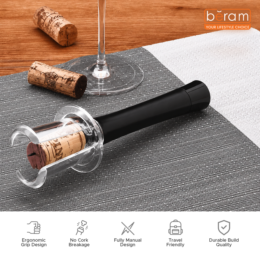 BERAM Manual Wine Opener Set – Stainless Steel Corkscrew with Safe Pumping Technology, Microneedle Cork Removal & Ergonomic Grip, Non-Electric Wine Bottle Opener Kit (Black)