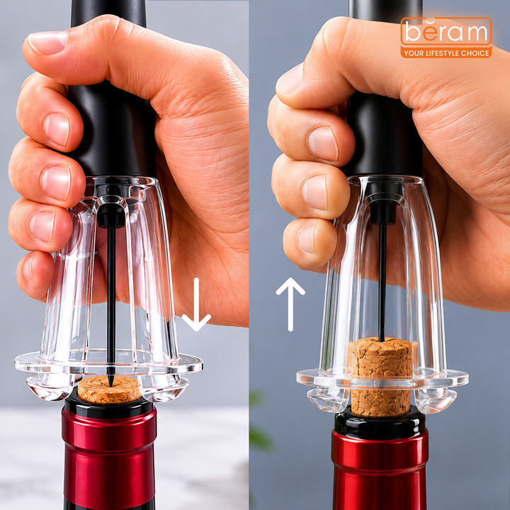 BERAM Manual Wine Opener Set – Stainless Steel Corkscrew with Safe Pumping Technology, Microneedle Cork Removal & Ergonomic Grip, Non-Electric Wine Bottle Opener Kit (Black)