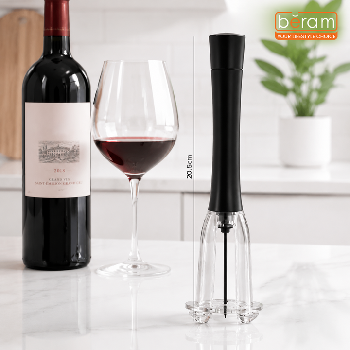 BERAM Manual Wine Opener Set – Stainless Steel Corkscrew with Safe Pumping Technology, Microneedle Cork Removal & Ergonomic Grip, Non-Electric Wine Bottle Opener Kit (Black)