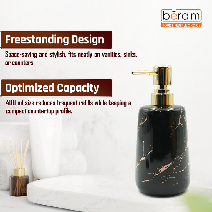 Beram Marble Soap Dispenser 400ml Multi-Purpose Ceramic Pump for Hand Soap Lotion Sanitizer or Shampoo Glossy Black and Gold Marble Look Bathroom (Gold and Black)