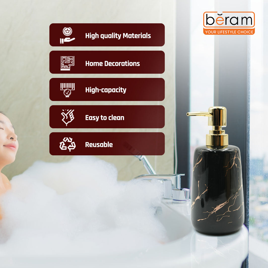 Beram Marble Soap Dispenser 400ml Multi-Purpose Ceramic Pump for Hand Soap Lotion Sanitizer or Shampoo Glossy Black and Gold Marble Look Bathroom (Gold and Black)