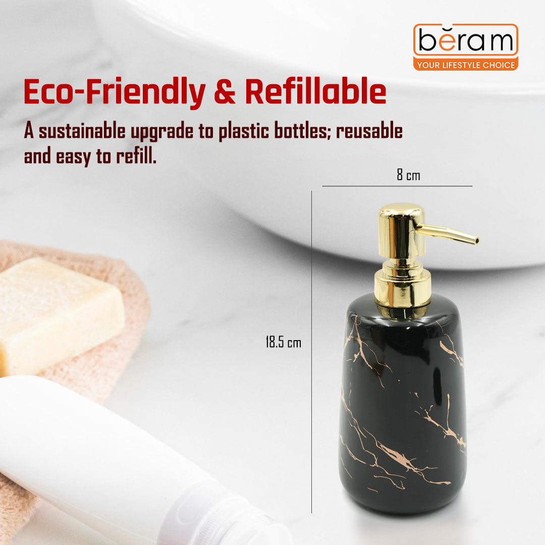 Beram Marble Soap Dispenser 400ml Multi-Purpose Ceramic Pump for Hand Soap Lotion Sanitizer or Shampoo Glossy Black and Gold Marble Look Bathroom (Gold and Black)