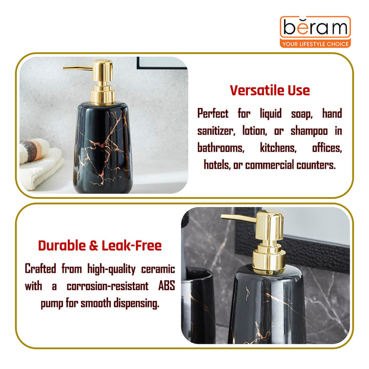 Beram Marble Soap Dispenser 400ml Multi-Purpose Ceramic Pump for Hand Soap Lotion Sanitizer or Shampoo Glossy Black and Gold Marble Look Bathroom (Gold and Black)