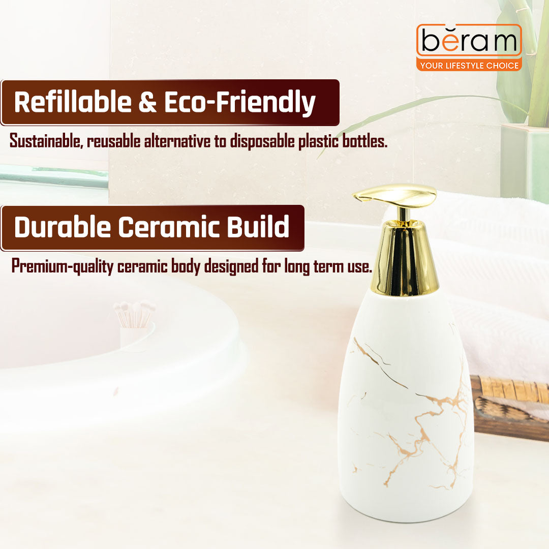 Beram Marble Soap Dispenser 470ml Multi-Purpose Ceramic Pump for Hand Soap Lotion Sanitizer or Shampoo Glossy White and Gold Marble Look Bathroom (Gold and White Flate Tip)
