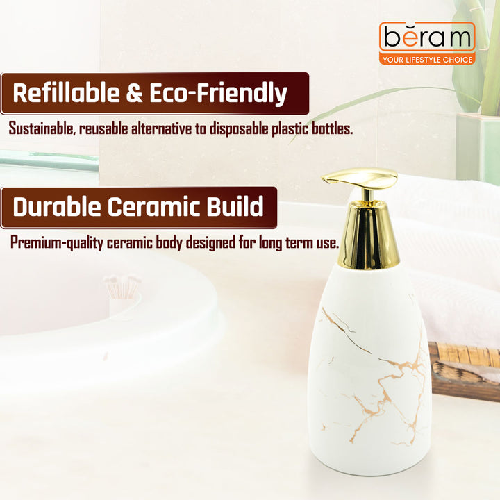 Beram Marble Soap Dispenser 470ml Multi-Purpose Ceramic Pump for Hand Soap Lotion Sanitizer or Shampoo Glossy White and Gold Marble Look Bathroom (Gold and White Flate Tip)
