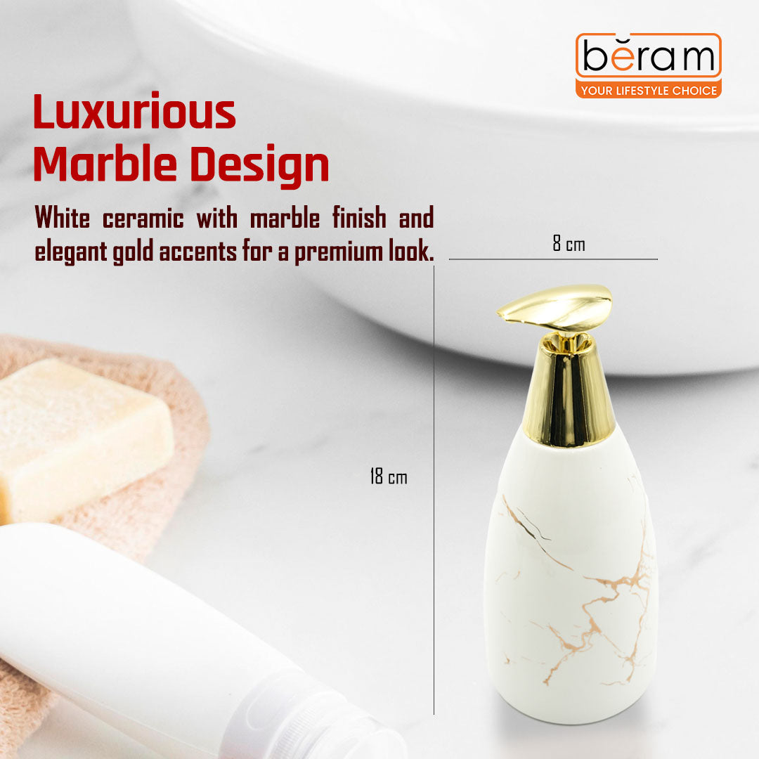 Beram Marble Soap Dispenser 470ml Multi-Purpose Ceramic Pump for Hand Soap Lotion Sanitizer or Shampoo Glossy White and Gold Marble Look Bathroom (Gold and White Flate Tip)