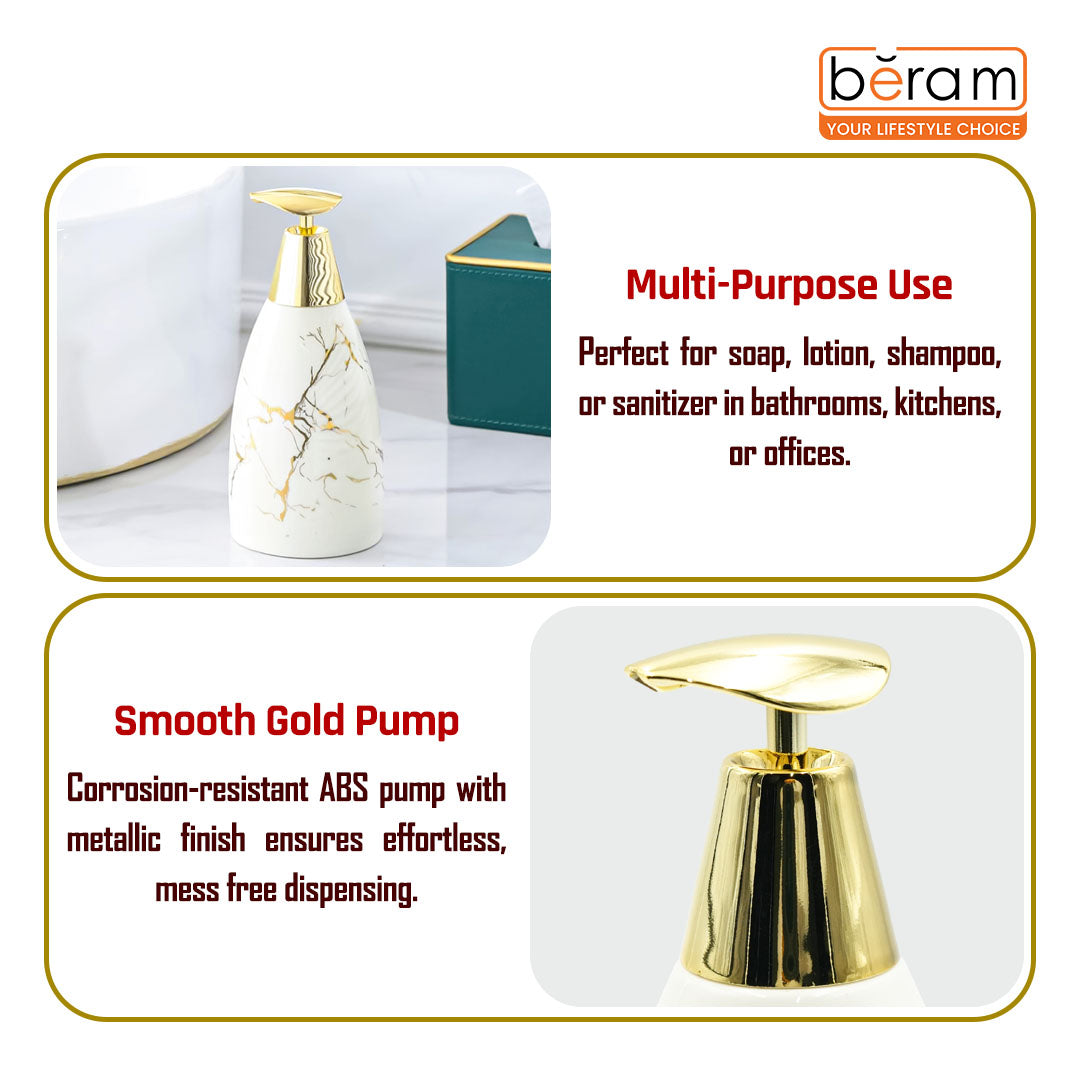 Beram Marble Soap Dispenser 470ml Multi-Purpose Ceramic Pump for Hand Soap Lotion Sanitizer or Shampoo Glossy White and Gold Marble Look Bathroom (Gold and White Flate Tip)