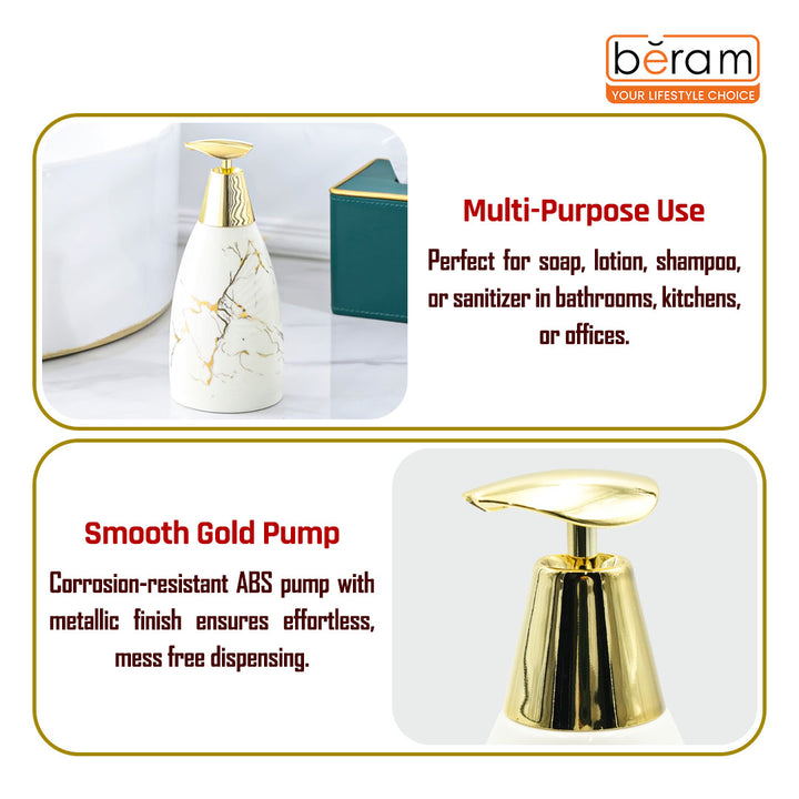 Beram Marble Soap Dispenser 470ml Multi-Purpose Ceramic Pump for Hand Soap Lotion Sanitizer or Shampoo Glossy White and Gold Marble Look Bathroom (Gold and White Flate Tip)