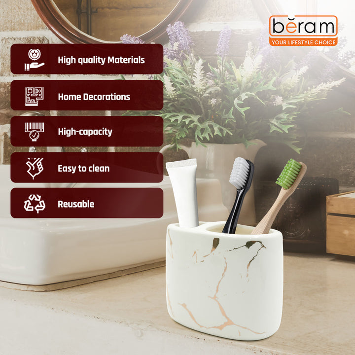 Beram Ceramic Bathroom Accessory Marble Gold and White Round Tip 4PCS Set Includes lotion dispenser toothbrush holder (2in1 Holder) tumbler and soap dish Luxury Glossy white ceramic