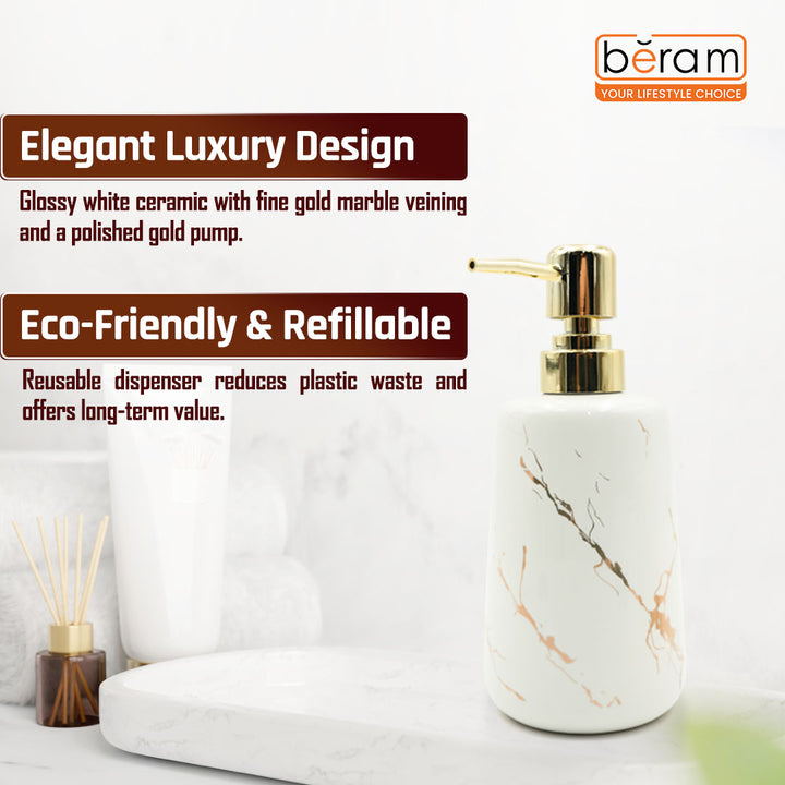 Beram Marble Soap Dispenser 400ml Multi-Purpose Ceramic Pump for Hand Soap Lotion Sanitizer or Shampoo Glossy White and Gold Marble Look Bathroom (Gold and White Round Tip)