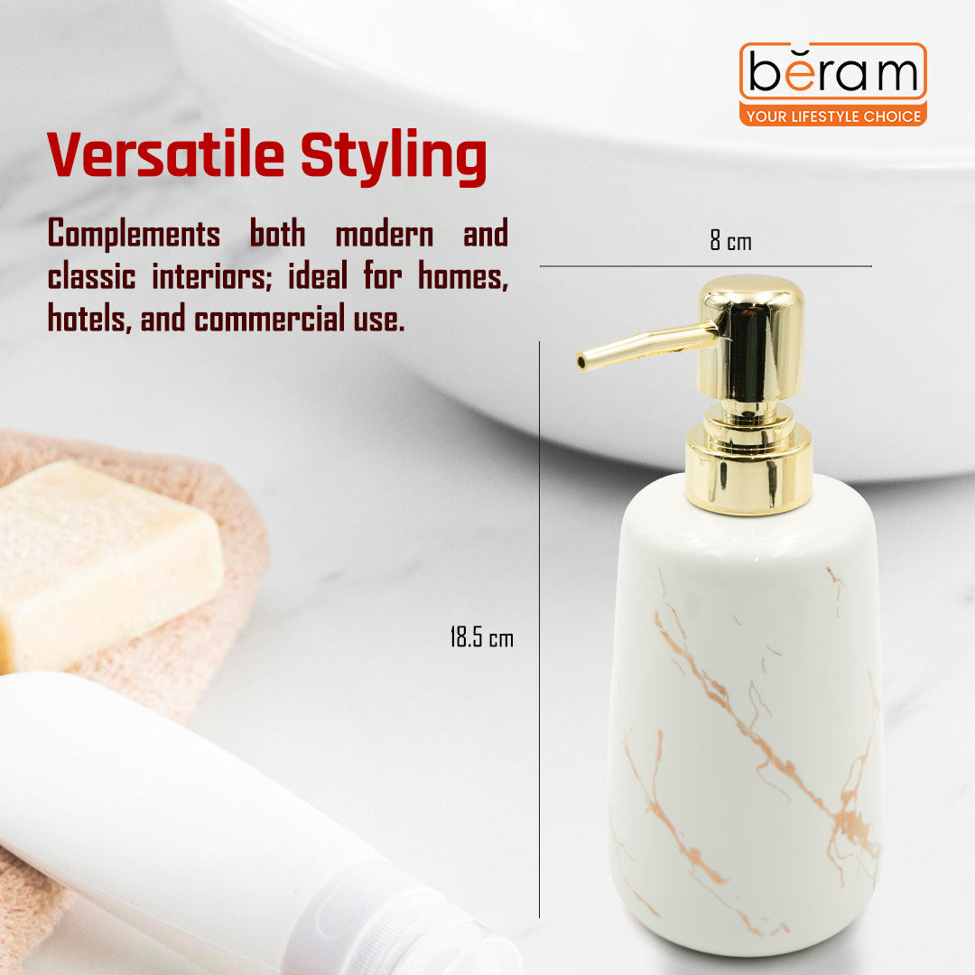 Beram Marble Soap Dispenser 400ml Multi-Purpose Ceramic Pump for Hand Soap Lotion Sanitizer or Shampoo Glossy White and Gold Marble Look Bathroom (Gold and White Round Tip)
