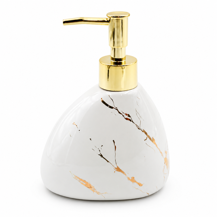 Beram Marble Soap Dispenser 450ml Bathroom Accessory Multi-Purpose Ceramic Pump for Hand Soap Lotion Sanitizer or Shampoo Glossy White and Gold Marble Look (Pear -White and Gold)
