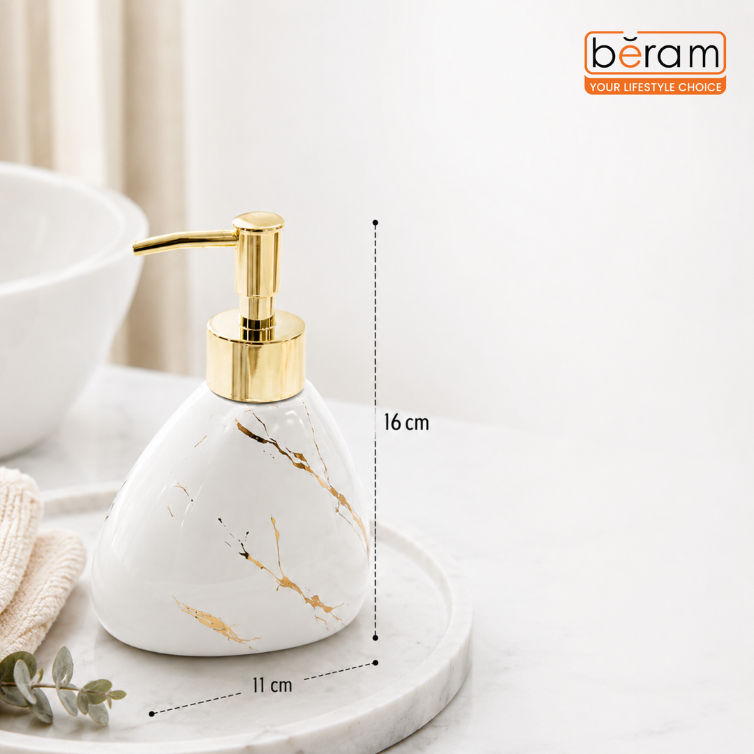 Beram Marble Soap Dispenser 450ml Bathroom Accessory Multi-Purpose Ceramic Pump for Hand Soap Lotion Sanitizer or Shampoo Glossy White and Gold Marble Look (Pear -White and Gold)