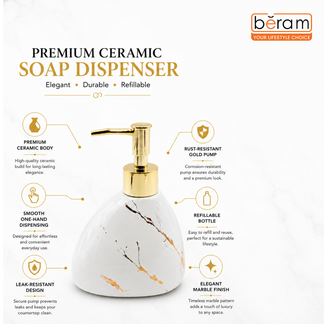 Beram Marble Soap Dispenser 450ml Bathroom Accessory Multi-Purpose Ceramic Pump for Hand Soap Lotion Sanitizer or Shampoo Glossy White and Gold Marble Look (Pear -White and Gold)