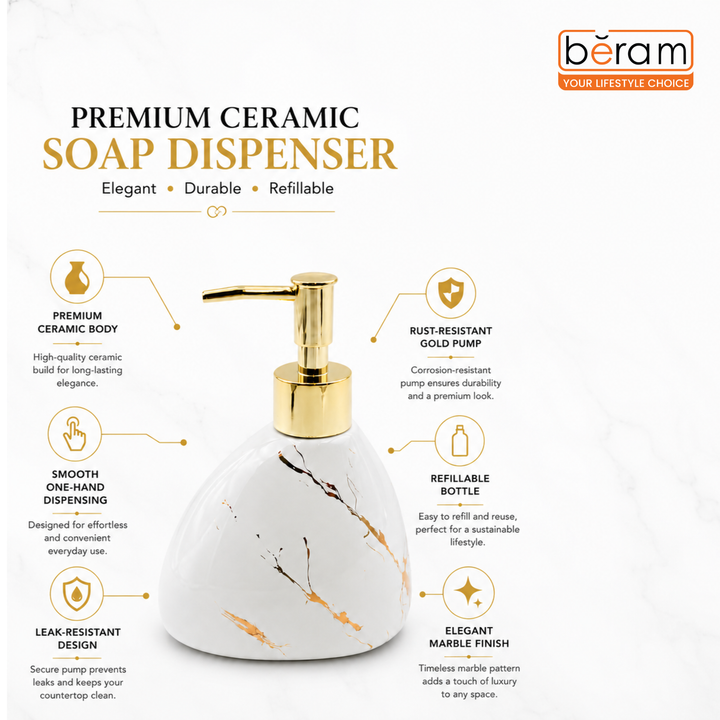Beram Marble Soap Dispenser 450ml Bathroom Accessory Multi-Purpose Ceramic Pump for Hand Soap Lotion Sanitizer or Shampoo Glossy White and Gold Marble Look (Pear -White and Gold)