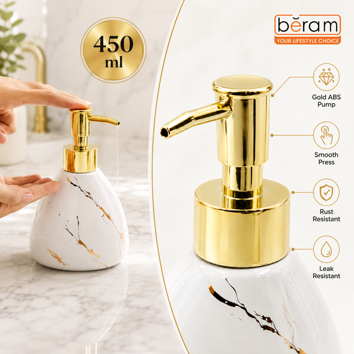 Beram Marble Soap Dispenser 450ml Bathroom Accessory Multi-Purpose Ceramic Pump for Hand Soap Lotion Sanitizer or Shampoo Glossy White and Gold Marble Look (Pear -White and Gold)