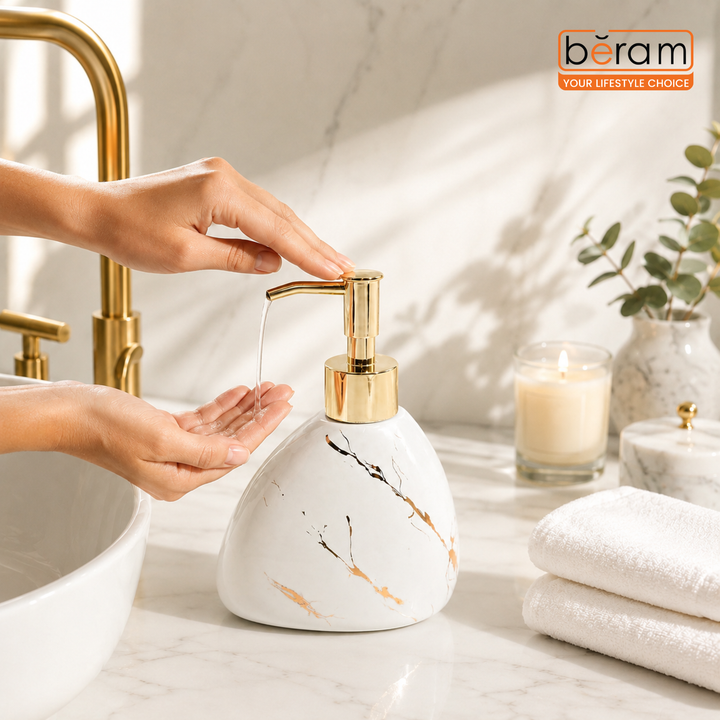 Beram Marble Soap Dispenser 450ml Bathroom Accessory Multi-Purpose Ceramic Pump for Hand Soap Lotion Sanitizer or Shampoo Glossy White and Gold Marble Look (Pear -White and Gold)