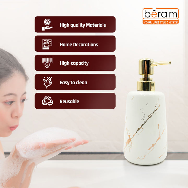 Beram Ceramic Bathroom Accessory Marble Gold and White Round Tip 4PCS Set Includes lotion dispenser toothbrush holder (2in1 Holder) tumbler and soap dish Luxury Glossy white ceramic